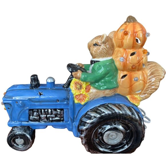 Cracker Barrel Lighted Ceramic Fall Farm Tractor Squirrel Pumpkin Accent New - Picture 3 of 5